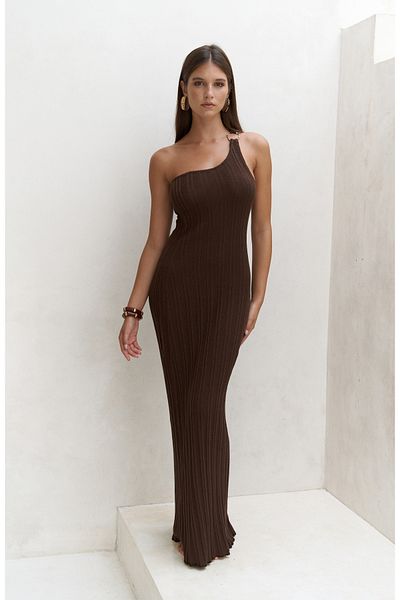 BOHEMAİ Endah Ring Detailed Asymmetrical Brown Long Knitwear Dress