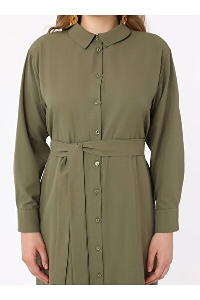 ALİA Büyük Beden Boydan Düğmeli Kuşaklı Gömlek Elbise - Haki - Alia
