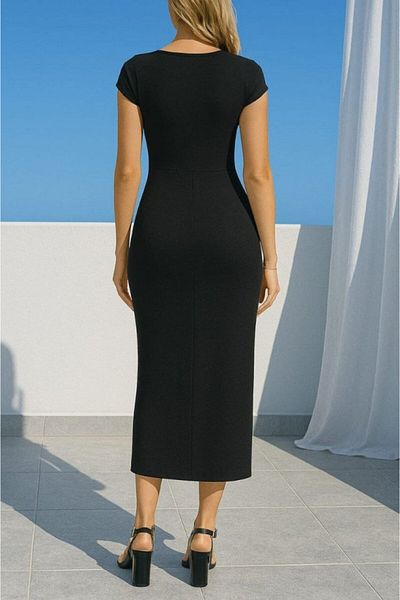 modaserdem Women's Sandy Fabric Metal Buckle Detailed Midi Length Dress