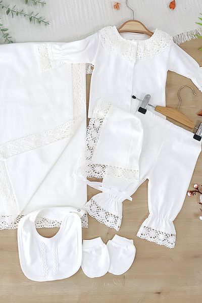 Sitilin Baby Girl Natural Cotton Fabric 6-Piece Lace Luxury Blanket Hospital Release Bodysuit Set Stl7018