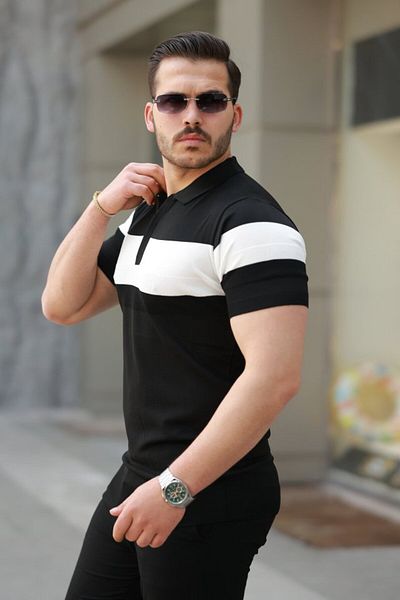 modaserdem Men's zipper collar stripe color pattern short sleeve t-shirt