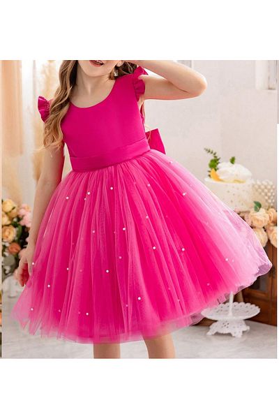 MadyaButik Girl's Fuchsia Ruffle Sleeve Short Pearl Dress Graduation Birthday Special Occasion Evening Dress