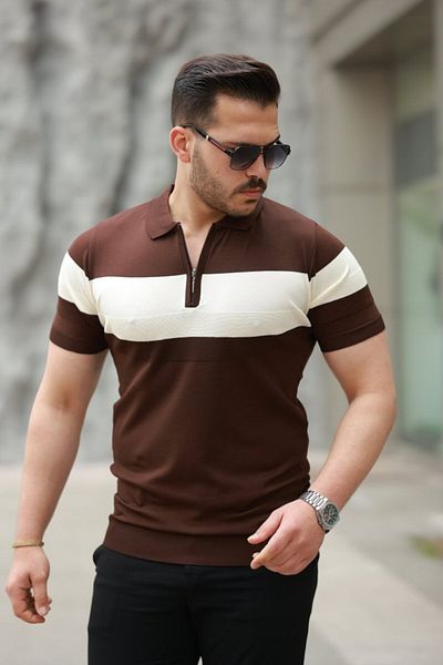 modaserdem Men's zipper collar stripe color pattern short sleeve t-shirt