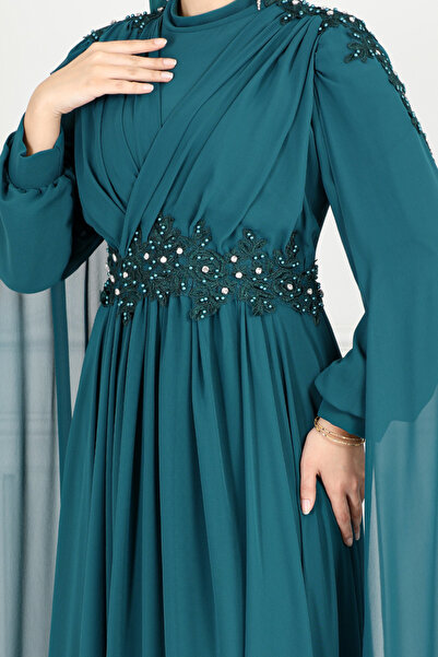 ModaMerve Önü Drapeli Tesettür Abiye 4027YGS898-M Petrol