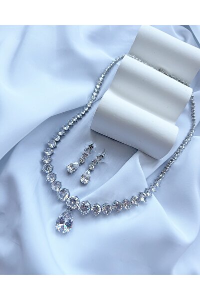 ALİA Beyaz cam kristal taş kolye-küpe takım abiye