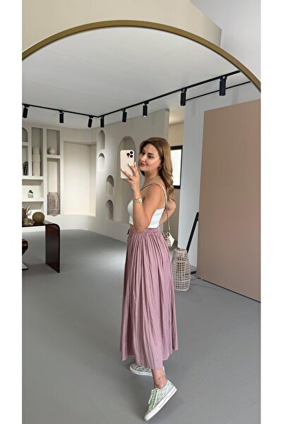 Sezgi Tekin Bel Lastikli Kırışık Doku Saten Midi Pudra Pembe Etek