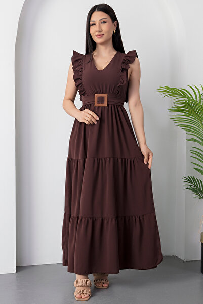 PULLIMM V Yaka Tokalı Kemerli Elbise DKS1296