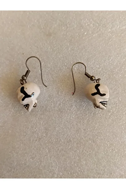 Butik Tülin Authentic Handmade Ceramic White Black Skull Ball Dangle Earrings 3.5X1.3Cm Made in Chile