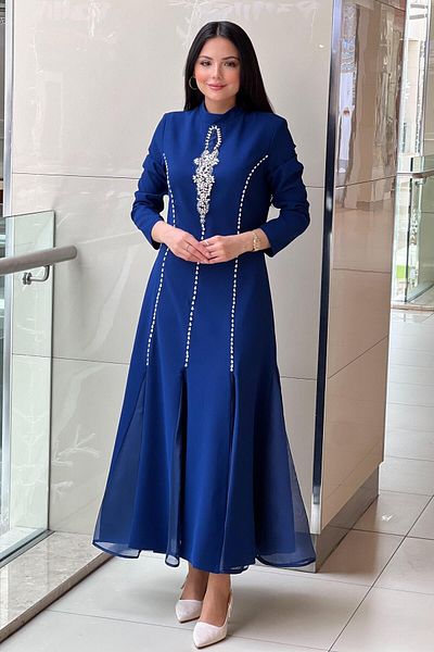 White Corner Straight Cut Crystal Stone Embroidered Evening Dress