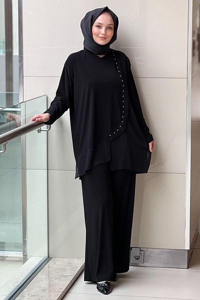 Ceremony Tunic with Front and Hem Chiffon Accessory Deatyl Sandy Suit with Loose Trousers