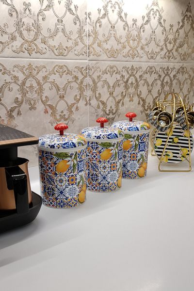 ŞAHİNSAN Lemon Patterned Checkered Spice Rack Set of 3 Checkers