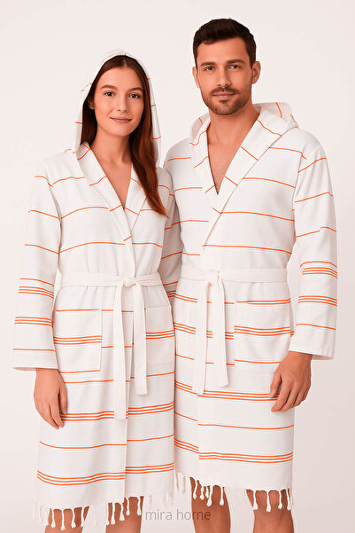 Mira Home Hooded Unisex White Striped Bath Beach Peshtemal Robe Cotton