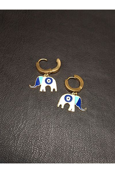 Han Ticarethane Gold Color Evil Eye Bead Tile Elephant Model Steel Earrings