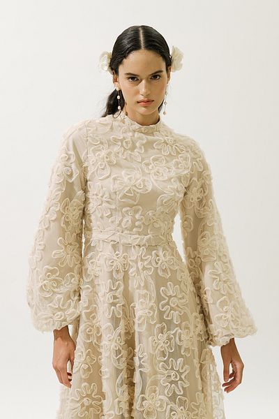 Manuka Fluffy Flowered Long Sleeve Evening Dress Pearl