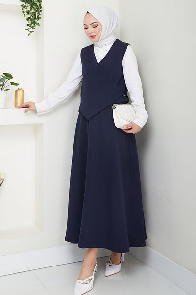 InStyle Cross Single Pocket Navy Blue Vest Suit
