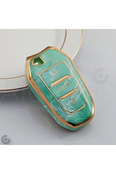 Alazpay حافظة مفاتيح بيجو 208 308 508 2008 3008 5008 مطلية بالكهرباء من مادة TPU باللون الأخضر