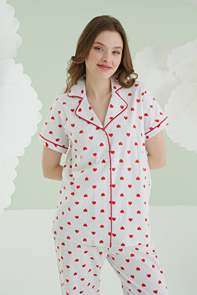 Lüx Wood Nbb 68162 Ecru Heart Front Buttoned Pajama Set