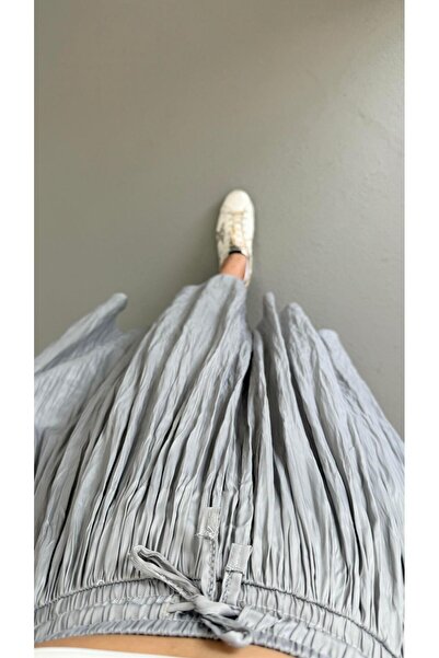 Sezgi Tekin Waist Elastic Wrinkled Texture Satin Midi Smoke Gray Skirt