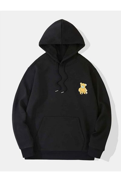 Boi Teddy Bear Heart Lover Couple Combination - Μαύρη στάμπα Oversize φούτερ με κουκούλα