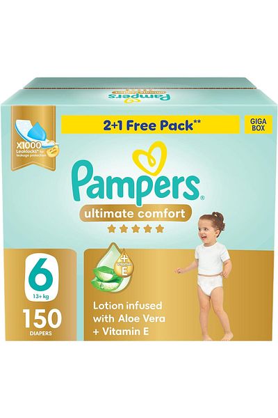 Pampers Ultimate Comfort Taped Diapers, Size 6, 13+kg, Lotion infused with Aloe Vera and Vitamin E,
