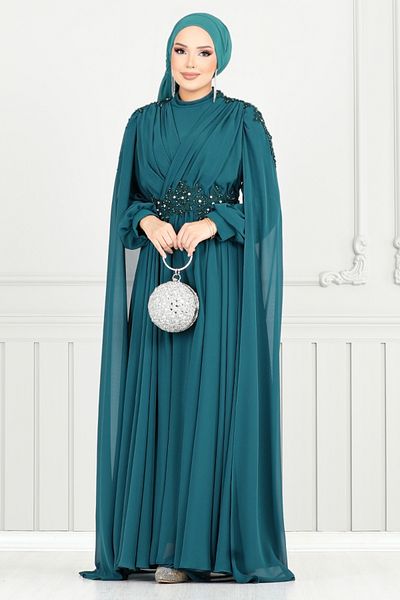 ModaMerve Βραδινό φόρεμα Hijab με ντραπέ μπροστά 4027YGS898-M Petrol
