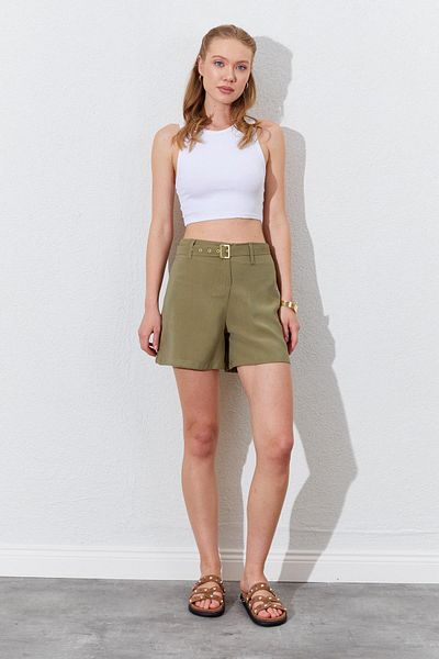 TENA Women's Khaki Waist Self-Belted Gabardine Shorts