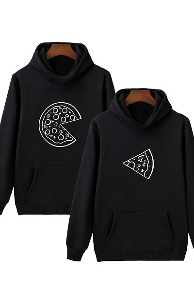 Boi Pizza Slice Lover Couple Combination - Μαύρη στάμπα Oversize φούτερ με κουκούλα