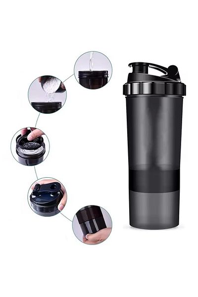 zola Shaker 500 ml with 3 containers, metal sieve, for protein drinks, 24x9 cm, black