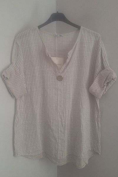 AYASOFYA OTANTIK Γυναικείο ιταλικό μπεζ ριγέ μανίκι 3/4 Oversize Loose 100% βαμβακερή μπλούζα τουνίκ