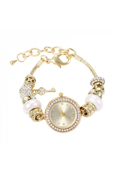 Tessero Women's bracelet with charms, quartz analog model, zircon stones, 18K gold plated, adjustable size,