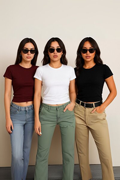 Trendseninle Bordo Beyaz Siyah Bisiklet Yaka Basic Kısa Kollu Body 3lü Set