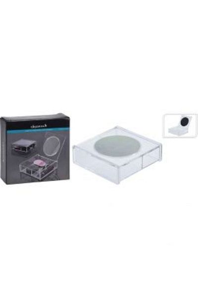 Homelux Makeup Accessories Organizer 14x14x4.5 cm, 2 compartments, lid with round mirror, transparent