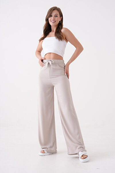 loia Women's Ecru High Waist Belted Comfortable Fit Wide Leg Summer Trousers ...