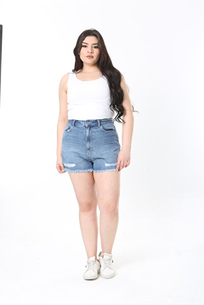 BYŞANS Kadın Mavi, Yırtık Detaylı 5 Cep Kot Şort 26A38914