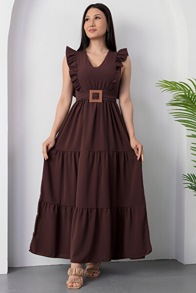 PULLIMM V Yaka Tokalı Kemerli Elbise DKS1296