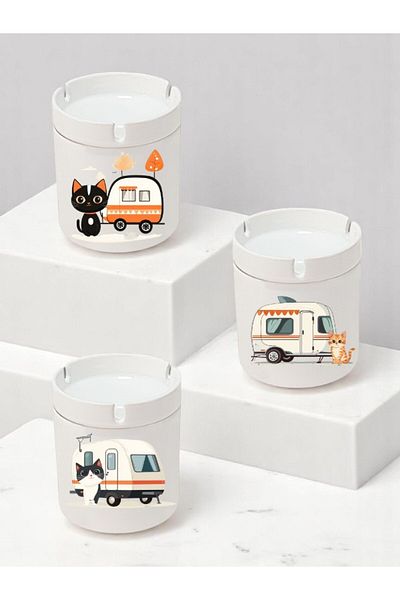 lili hediyelik Cat And Caravan Printed 3-Pece Ceramic Ashtray Ash Tray - Δώρο γενεθλίων για άνδρα γυναίκα