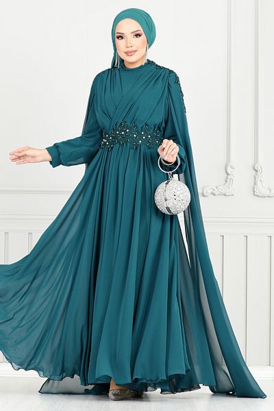 ModaMerve Βραδινό φόρεμα Hijab με ντραπέ μπροστά 4027YGS898-M Petrol