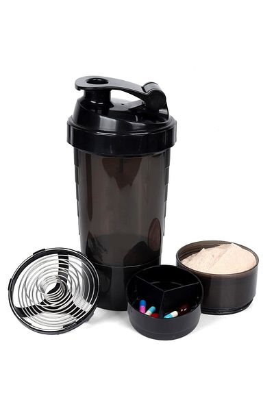 zola Shaker 500 ml with 3 containers, metal sieve, for protein drinks, 24x9 cm, black