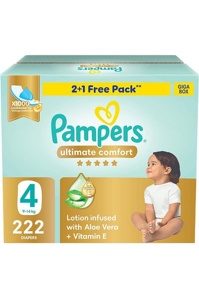 Pampers Ultimate Comfort Taped Diapers, Size 4, 9-14kg, Lotion infused with Aloe Vera and Vitamin E,