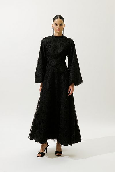 Manuka Fluffy Flowered Long Sleeve Evening Dress Black