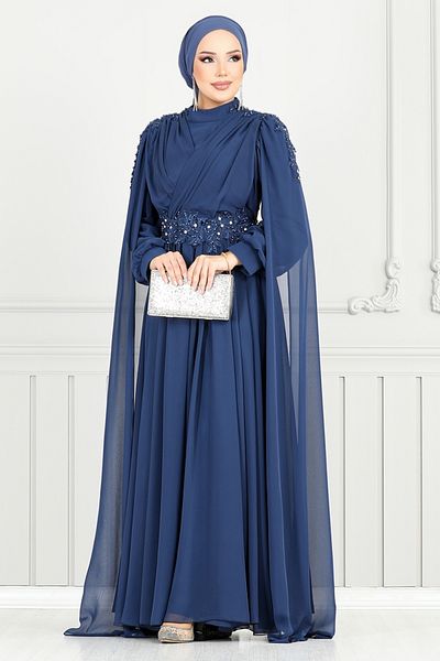 ModaMerve Βραδινό φόρεμα Hijab με ντραπέ μπροστά 4027YGS898-M Navy