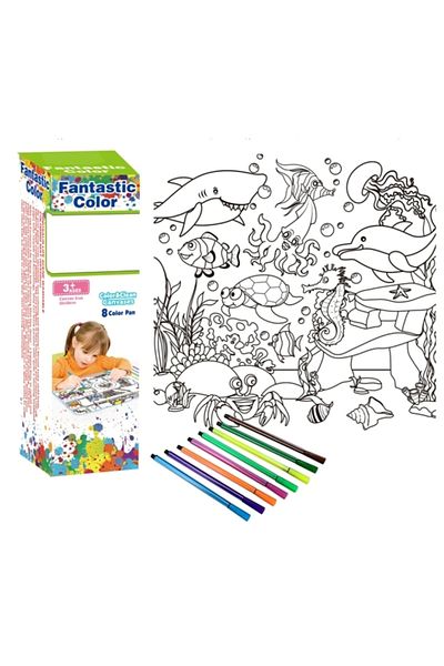 Point Plus Washable Canvas Coloring Board with 8 Markers - Sea World Design - Size 8 x 8 x 26 cm