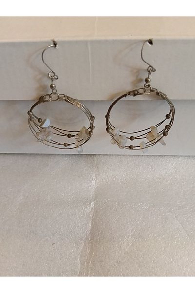 Butik Tülin Authentic Handmade Metal Wire Natural Stone White Quartz Bead Dangle Earrings 7X4.5Cm Made in Chile