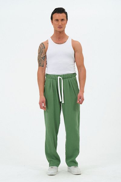 RELAXL 100% Cotton Efil Efil Lightweight Muslin Fabric Benetton Green Baggy Trousers