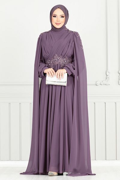 ModaMerve Βραδινό φόρεμα Hijab με ντραπέ μπροστά 4027YGS898-M Σκούρο Λιλά