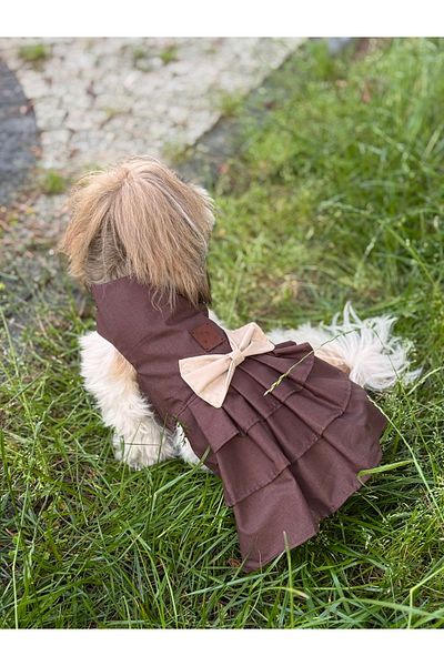 For a Fur Dog Dress Outfit Brown Beige Color Poplin Fabric Pleated Cat Dress