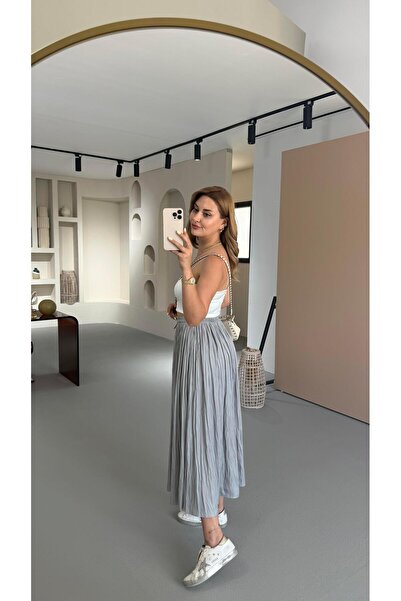 Sezgi Tekin Waist Elastic Wrinkled Texture Satin Midi Smoke Gray Skirt