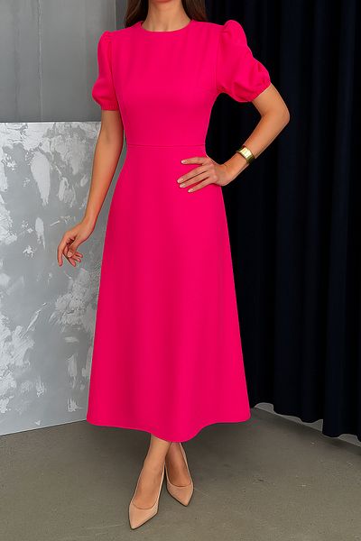 Deafox Rochie Midi din țesătură creponată importată fucsia, cu mâneci pepene verde, cu fermoar la spate