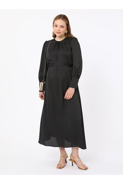 ALİA Φόρεμα με σατέν ύφασμα με μπαλόνι μανίκια Plus Size - Μαύρο - Alia