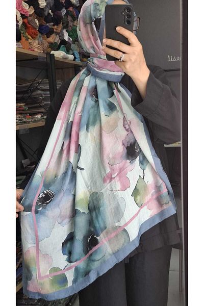 AMİNENESİL Aminenesil Bamboo Kraş Flower Pattern Shawl Blue Pink Beige